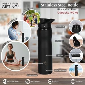 Black Matte-finished Stainless Steel Bottle 750ml - Stay Hydrated in Style