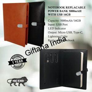 Notebook Replaceable Power Bank Diary 5000mAh with 16gb USB