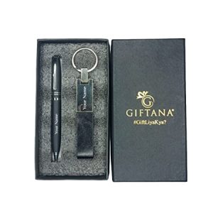 Giftana Black Leather 2 in 1 Gift Set Modern Keychain Metal Pen