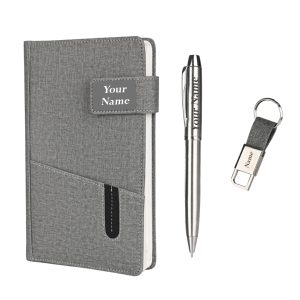 Jute Diary Metal Pen Keychain Gift Set