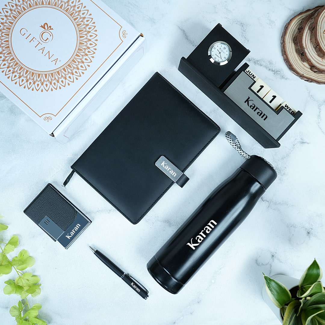 rope-bottle-diary-pen-cardholder-desk-clock-black Giftana 5 in 1 Personalized Desk Organizer