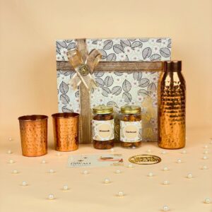 Copper Bottle with Glasses, Almonds & Cashews Gift Set