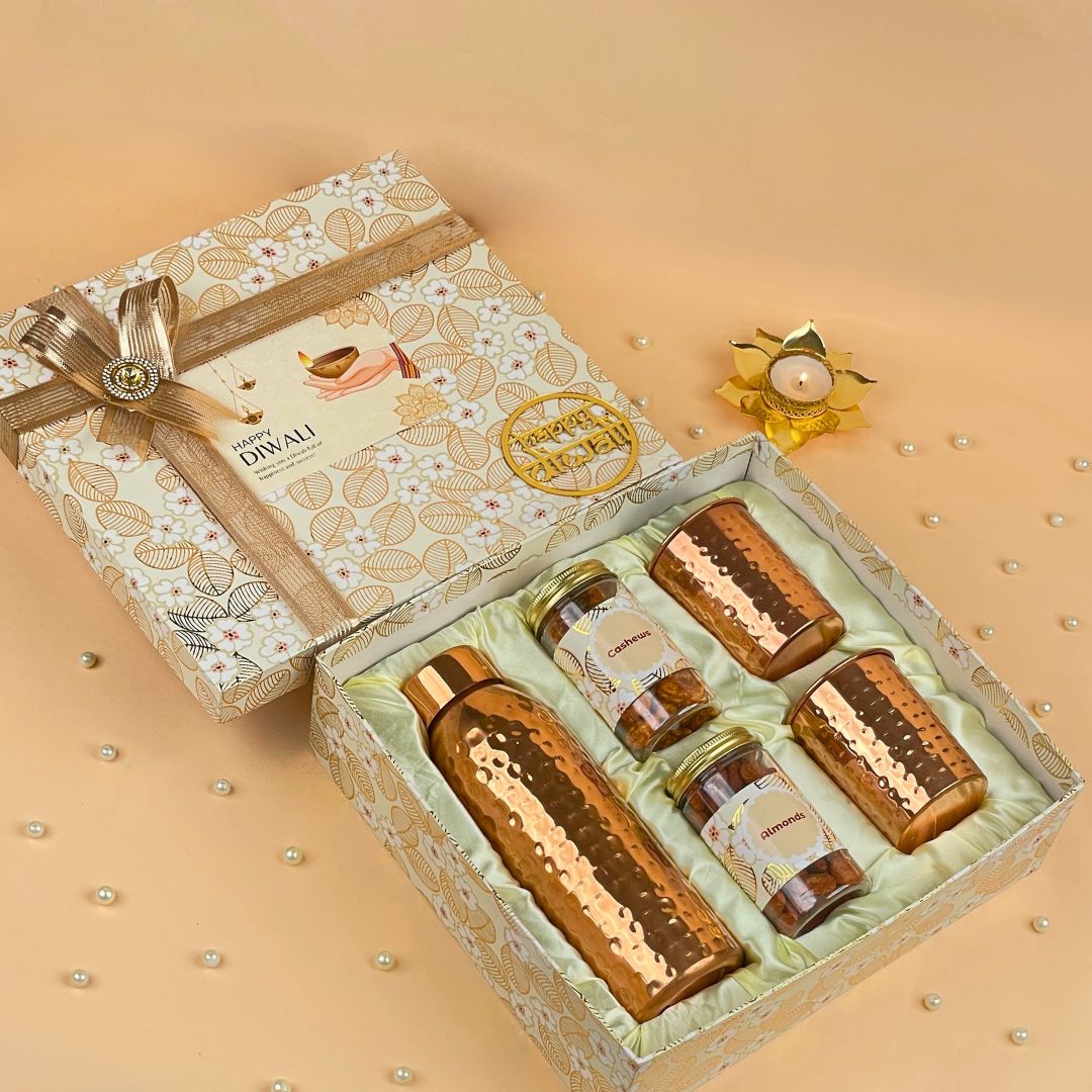 Copper Bottle with Glasses, Almonds & Cashews Gift Set (2) Copper Bottle with Glasses, Almonds & Cashews Gift Set
