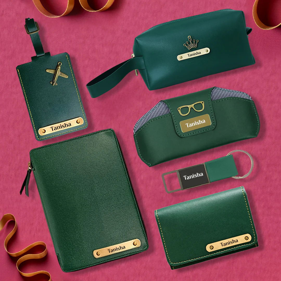 Elegant Personalized 6 in 1 Travel Gift Set Zipper Diary Keychain Sunglasses Travel Pouch Cardholder Luggage Tag Green