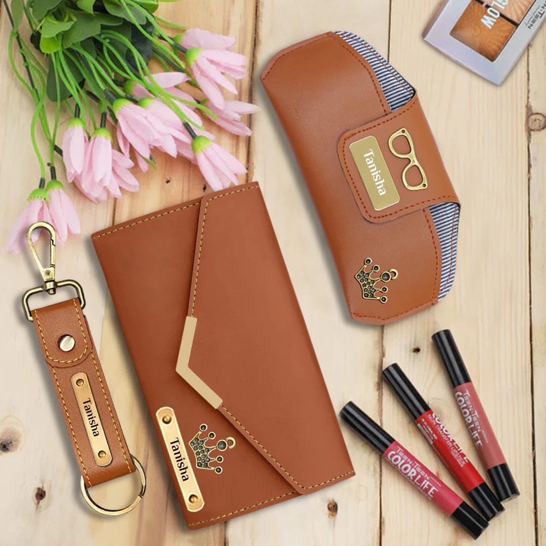 Wallet Keychain Sunglass Case Tan Personalized Gift Set for Women 03