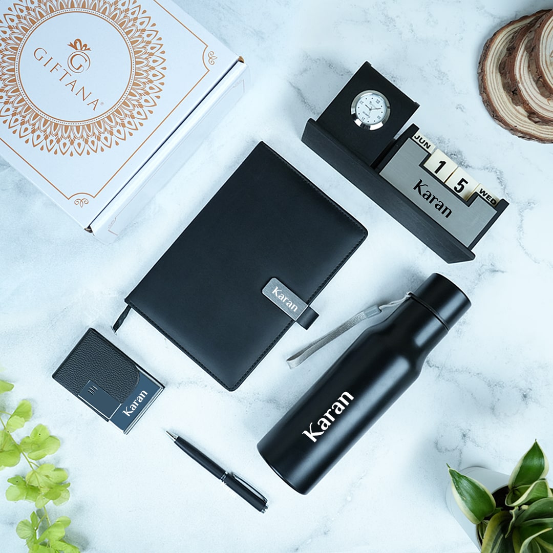 055-bottle-diary-pen-cardholder-desk-clock-black Office Desk Organizer