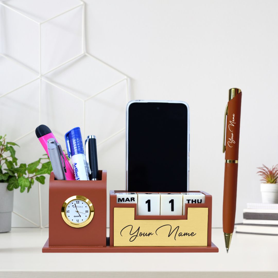 desk clock pen – brown-gold 11