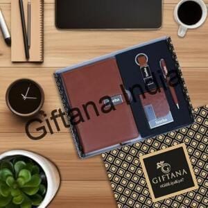 Premium Corporate Gift Set - Diary, Pen, Cardholder & Keychain 3 4 in 1 Personalized Diary with Pen Card Holder Metal Keychain Gift Set Brown