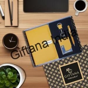 4 in 1 Personalized Diary with Pen Card Holder Metal Keychain Gift Set Yellow