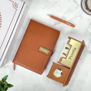 Leather Diary Pen Desk Organizer Golden Set Tan