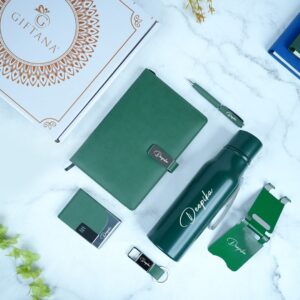 Notebook Diary Steel Bottle Metal Pen Leather Keychain Leather Cardholder and Mobile Stand green 1