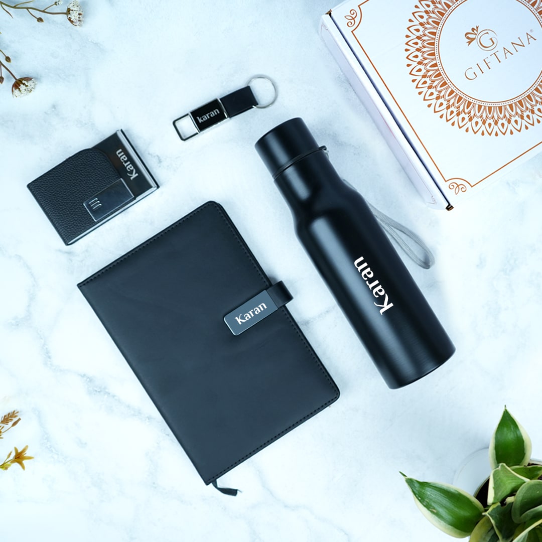 4-in-1-055-bottle-diary-cardholder-keychain-black 4-in-1 Business Gift Set