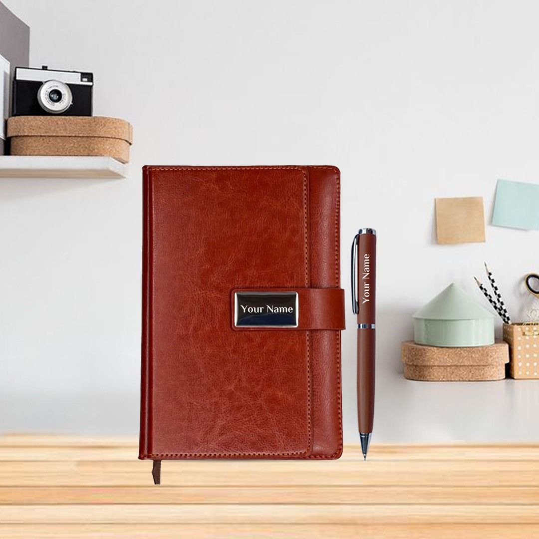 Customized_Diary_and_Metallic_Pen_-_Brown 2-in-1