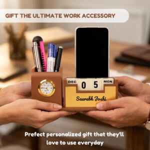 Tan brown gold desk clock organizer 1