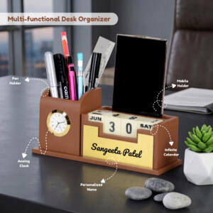 Tan brown gold desk clock organizer 3