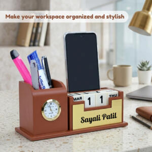 Tan brown gold desk clock organizer 6