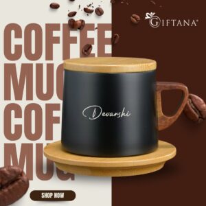 Tea Coffee Mug with Wooden Lid and Saucer Black2