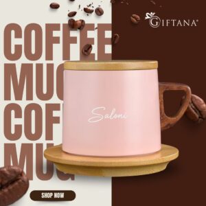 Tea Coffee Mug with Wooden Lid and Saucer Pink