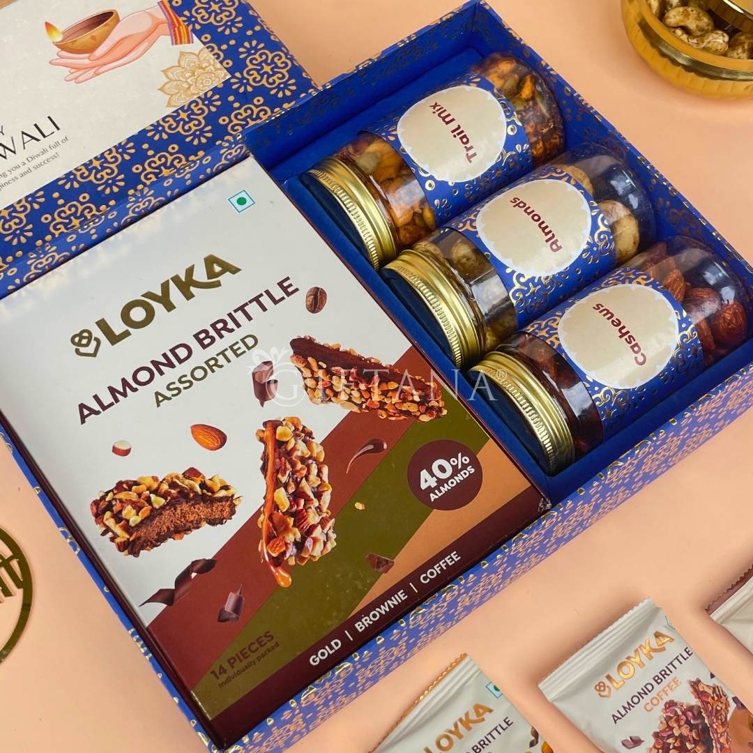 Corporate Diwali Gifts India – Premium Almond Brittle and Dry Fruits Hamper by Giftana (1) Corporate Diwali Gifts India Premium Almond Brittle and Dry Fruits Hamper by Giftana 1