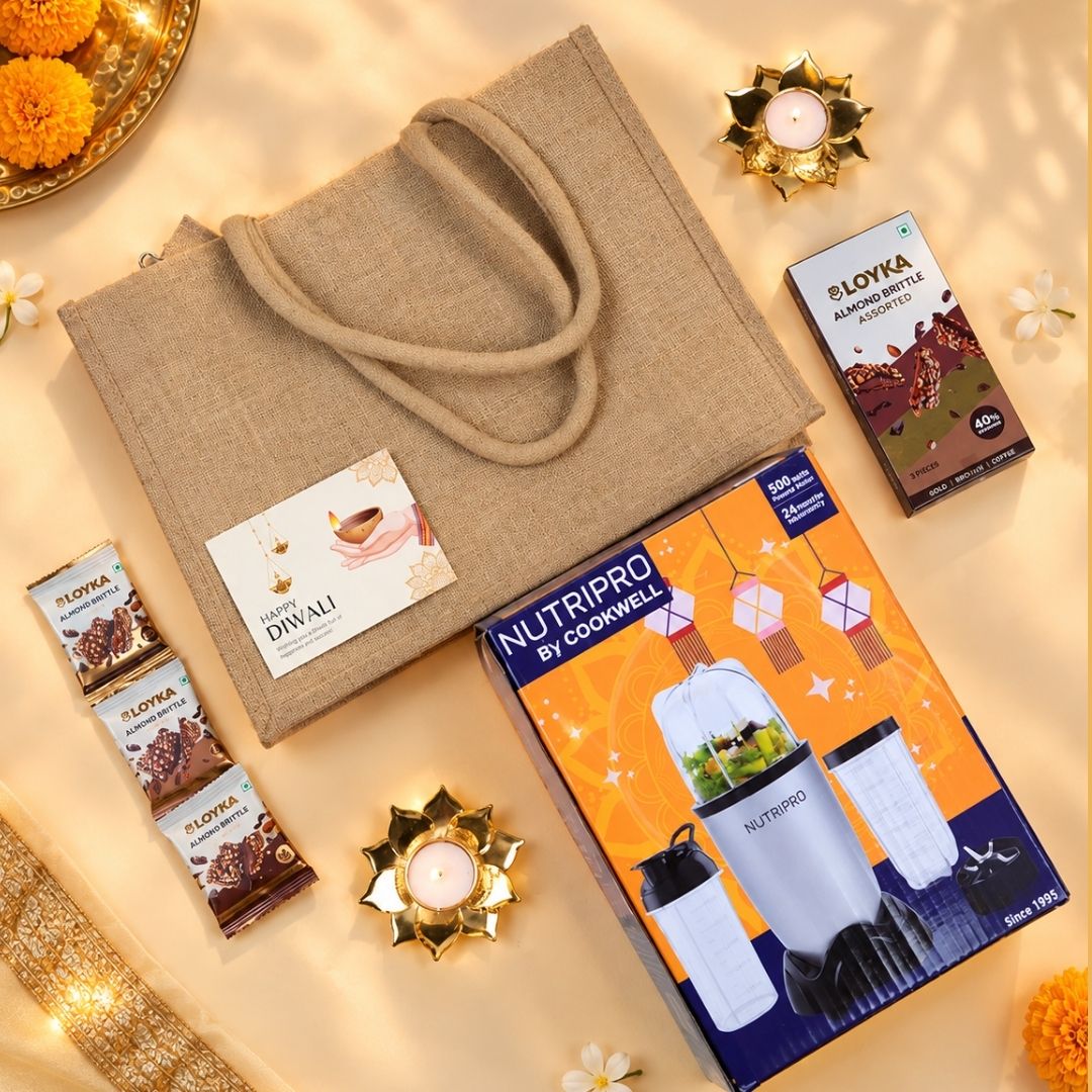 Diwali Tech & Treats Gift Set - Blender, Brittle & Jute Bag - Giftana Diwali Tech & Treats Gift Set - Blender, Brittle & Jute Bag