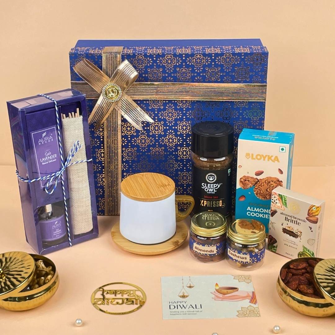 Luxury Diwali Gifts Hampers Online Coffee, Diffuser & Cookies (1) Luxury Diwali Gifts Hampers Online Coffee Diffuser Cookies 1