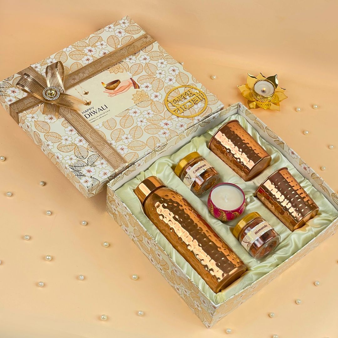 Copper Aura Set Diwali Gifts for Employees and Office Staff (2) Premium Copper Bottle Gift Set with Copper Glasses