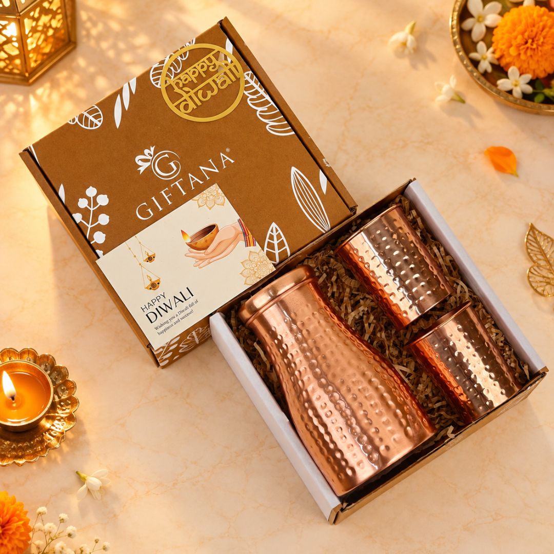 Diwali Hamper with Copper Water Pot, 2 Glasses & Greeting Card - Giftana Diwali Hamper with Copper Water Pot, 2 Glasses & Greeting Card - Giftana
