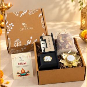 Festive Desk Organizer Gift Set with 100g Cashews, Almonds & Decorative Diya