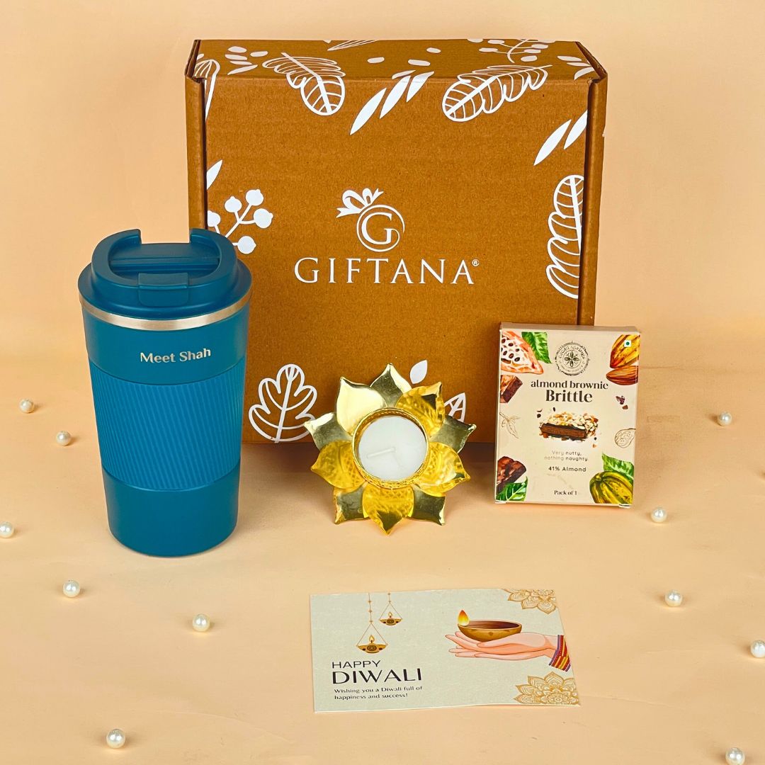 Giftana Delightful Diwali Gifts with Tumbler, Brittle, and Lotus Diya (2) Diwali Gift Items for Clients