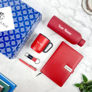 5 in 1 set rubber bottle diary mug key pen red 2