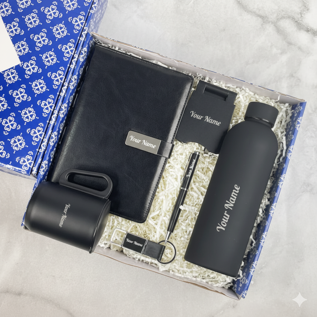 6-in-1-black-rubber-mug-set Executive 6-in-1 Corporate Gift Set with Bottle, Diary & Accessories