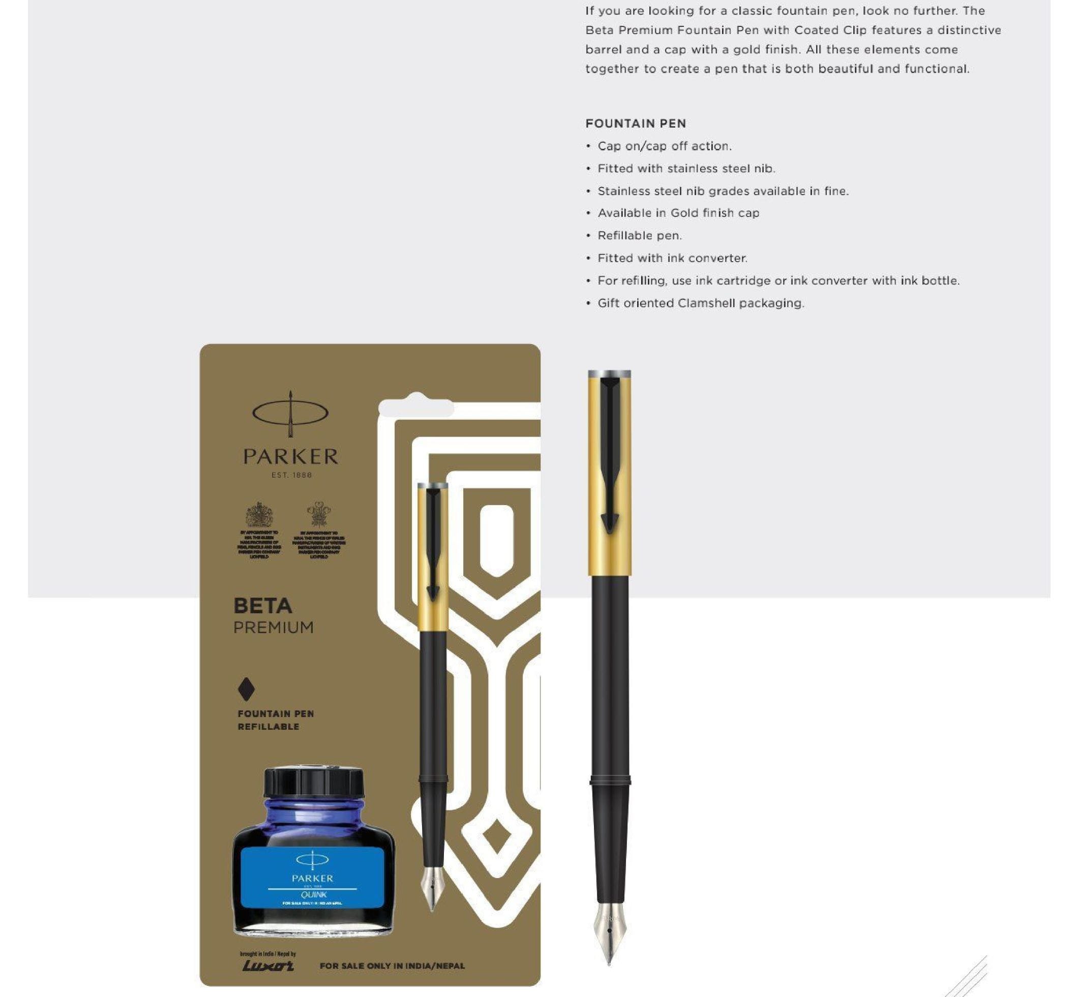 Parker Beta Premium Fountain Pen with Ink Bottle- Golden Parker Beta Premium Fountain Pen with Ink Bottle