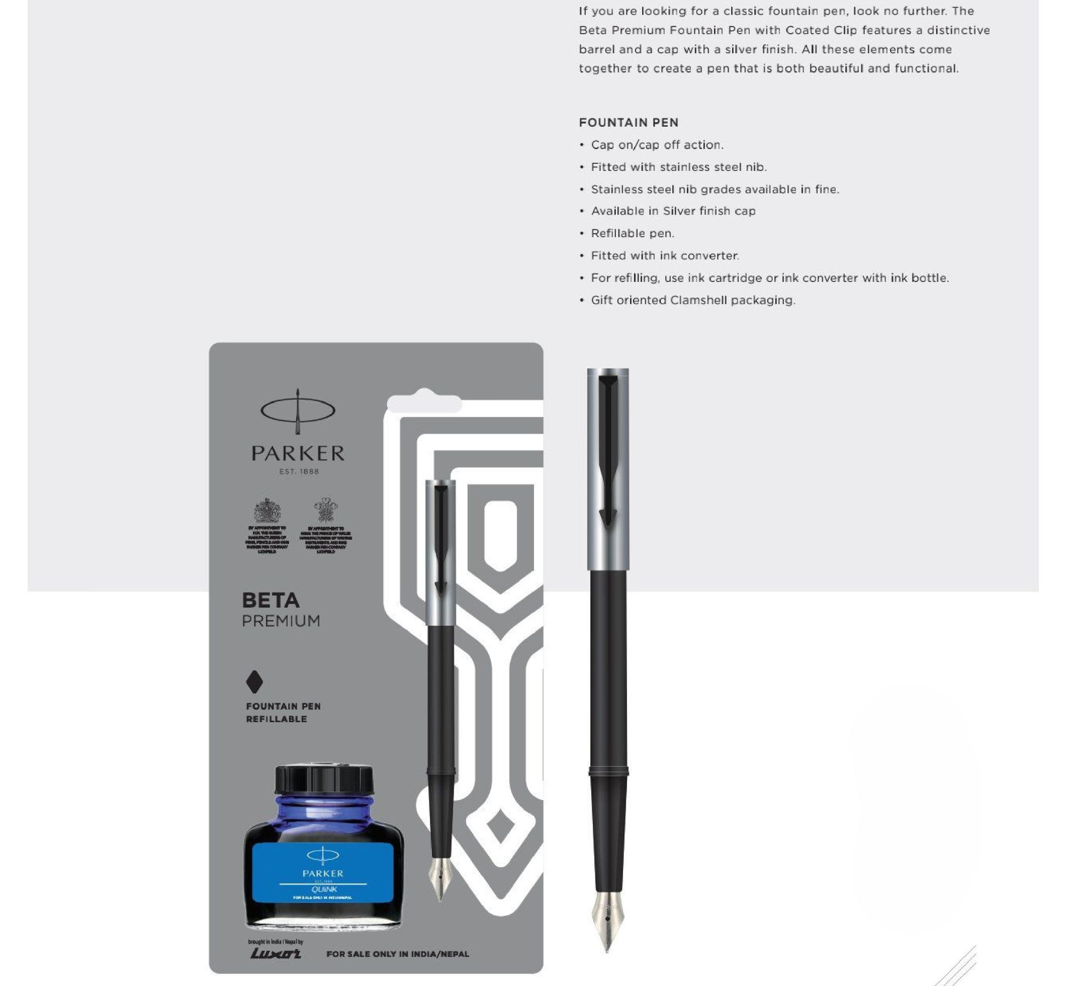 Parker Beta Premium Fountain Pen with Ink Bottle-silver Parker Beta Premium Fountain Pen with Ink Bottle