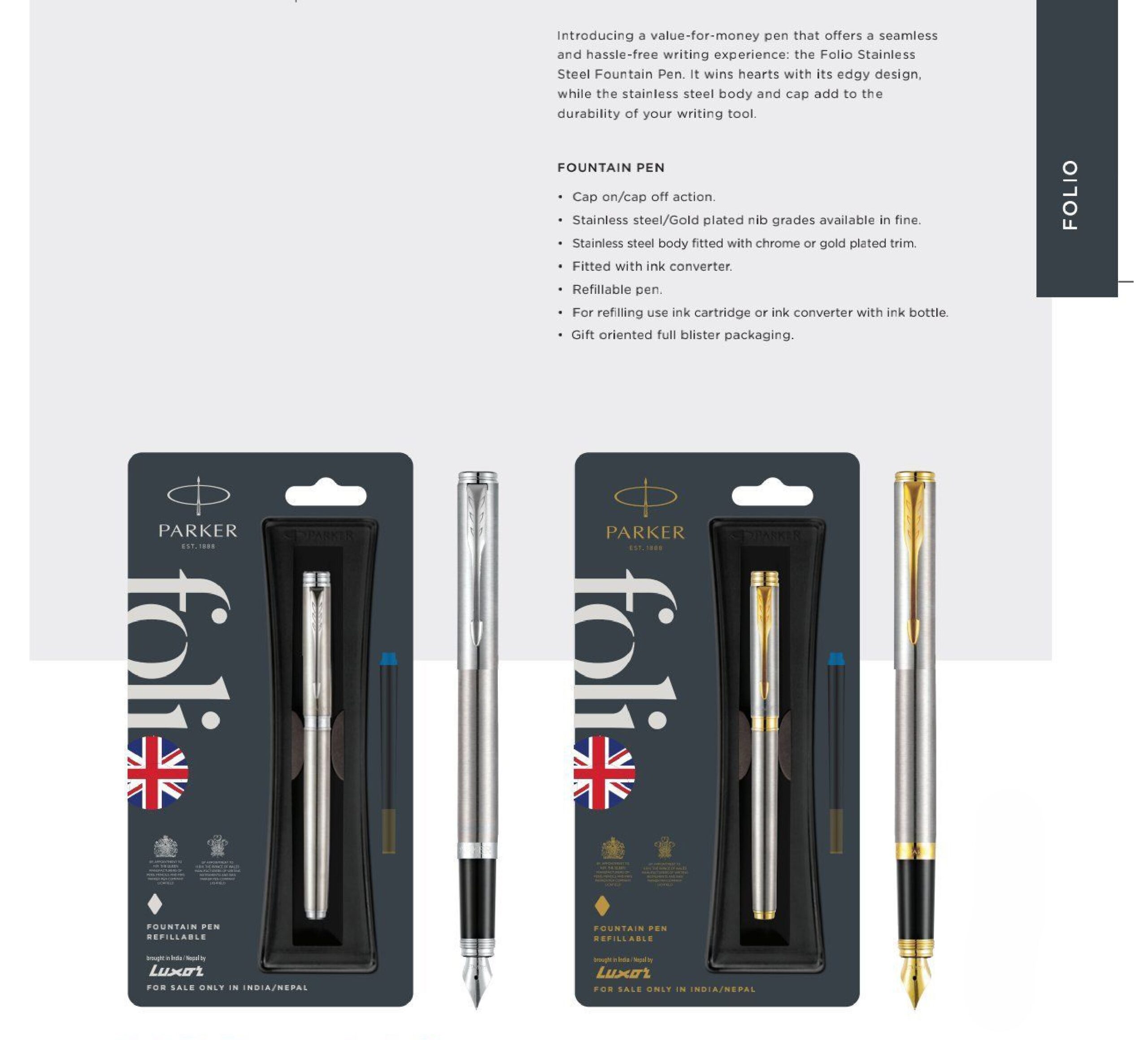 Parker Folio Stainless Steel Fountain Pen with Chrome-Gold Trim Parker Folio Stainless Steel Fountain Pen with Chrome/Gold Trim