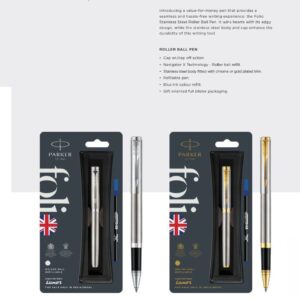 Parker Folio Stainless Steel Roller Ball Pen with Chrome/Gold Trim