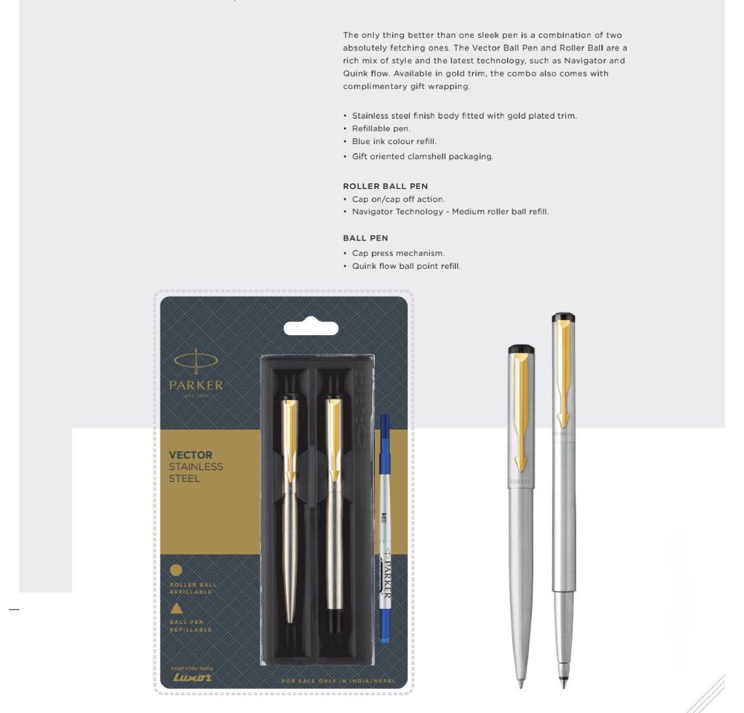 Parker Vector Stainless Steel Ball Pen & Roller Ball Pen Set-gold Parker Vector Stainless Steel Ball Pen & Roller Ball Pen Set