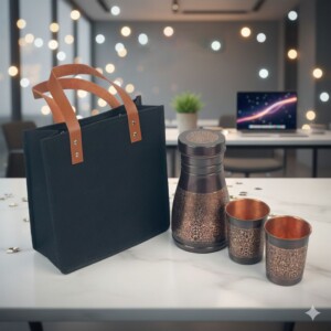 Christmas Felt Gift Bag with Tan Leather Handles & Copper Set
