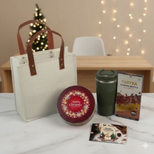 New Year Joy Hamper-Jute Bag, Tumbler & Sweet Treats