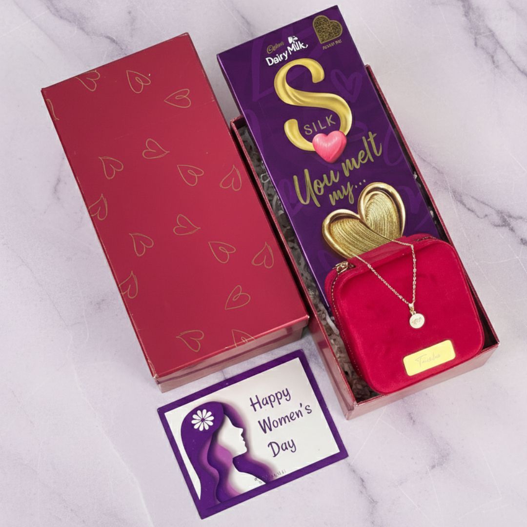 Personalized Jewellery Box with 1111 Locket, Big Heart Silk Chocolate, Women’s Day Card – Red Heart Top Bottom Box (Maroon) Personalized Jewellery Box with 1111 Locket Big Heart Silk Chocolate Womens Day Card Red Heart Top Bottom Box Maroon