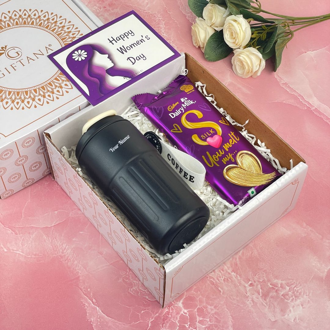 Personalized Temperature Tumbler, Small Heart Silk Chocolate, Women’s day card – Corrugated White Small Box (Black) Personalized Temperature Tumbler Small Heart Silk Chocolate Womens day card Corrugated White Small Box Black