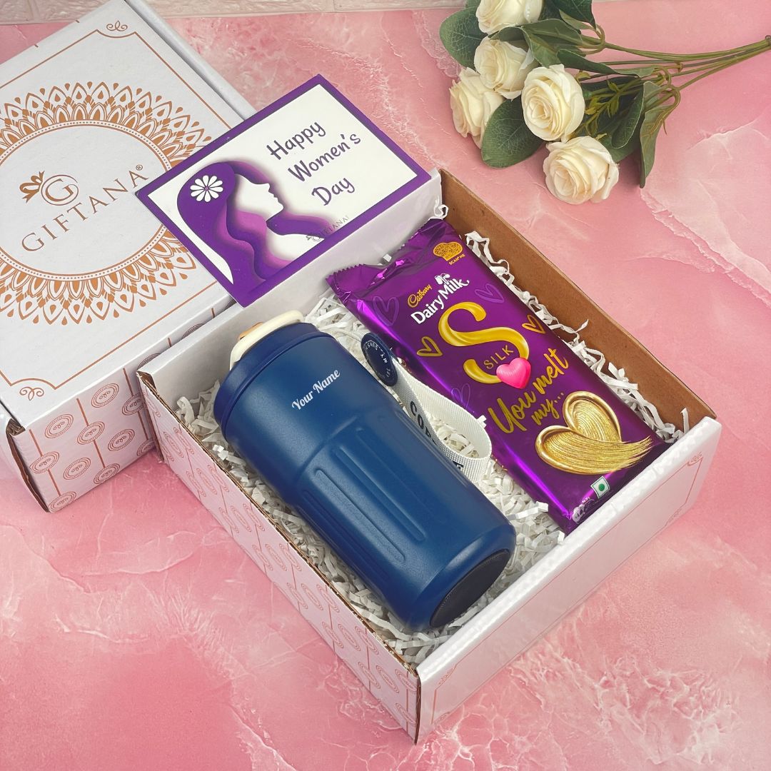 Personalized Temperature Tumbler, Small Heart Silk Chocolate, Women's day card - Corrugated White Small Box (Blue) International Women's Day Corporate Temperature Tumbler