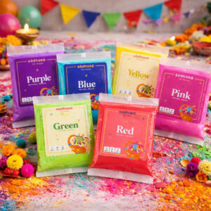 Purple green red yellow blue red pink color holi hamper