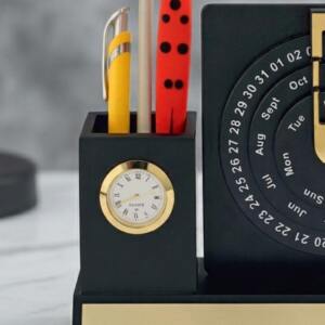 Black Wooden Pen Stand with Clock Lifetime Calendar 3