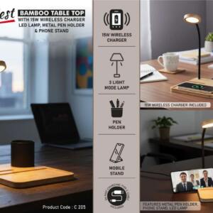 GlowNest Bamboo Table Top with Wireless Charger Lamp