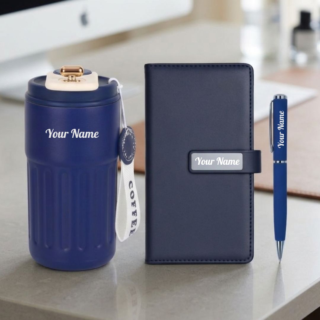 Personalized- Smart -Tumbler- Gift -Set -with- Diary -&- Pen -blue (4) Digital Tumbler Gift Combo with Personalized Office Kit