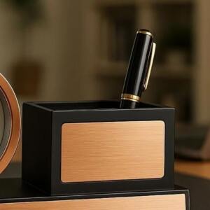 Rose Gold Desk Clock Pen Stand with Name Plate 1