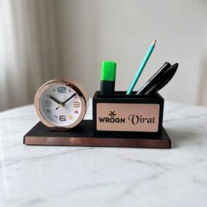 Rose Gold Desk Clock Pen Stand with Name Plate