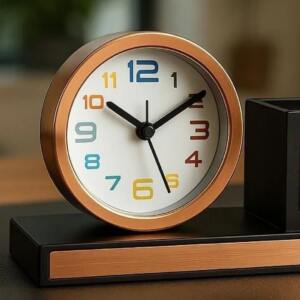 Rose Gold Desk Clock Pen Stand with Name Plate 3