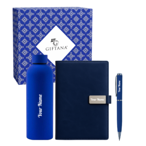Rubber bottle gift set with diary and pen. Ideal for corporate gifting, employee kits, and branded promotional giveaways.
