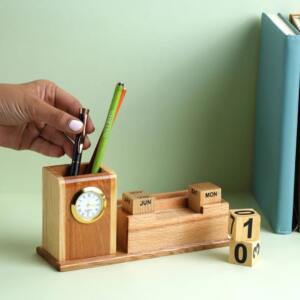 Wooden Clock Pen Stand Organizer with Perpetual Calendar 2